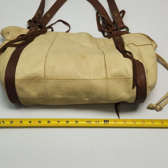 Lucky Brand Leather Purse Double Handle Brown Yellow Tote Hobo Boho Shoulder Bag - Picture 10 of 16